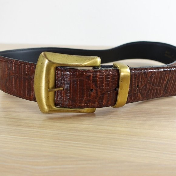 Vintage Belt Womens Crocodile Leather Faux XS Waist Dress Chunky Brass Buckle - Picture 1 of 14